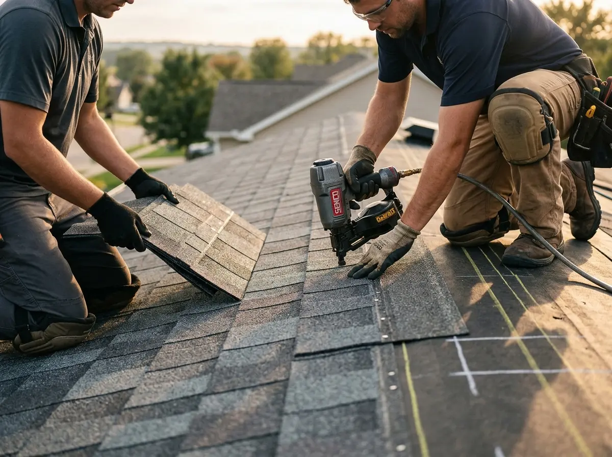 Professional roofer working on a residential roof in Davison